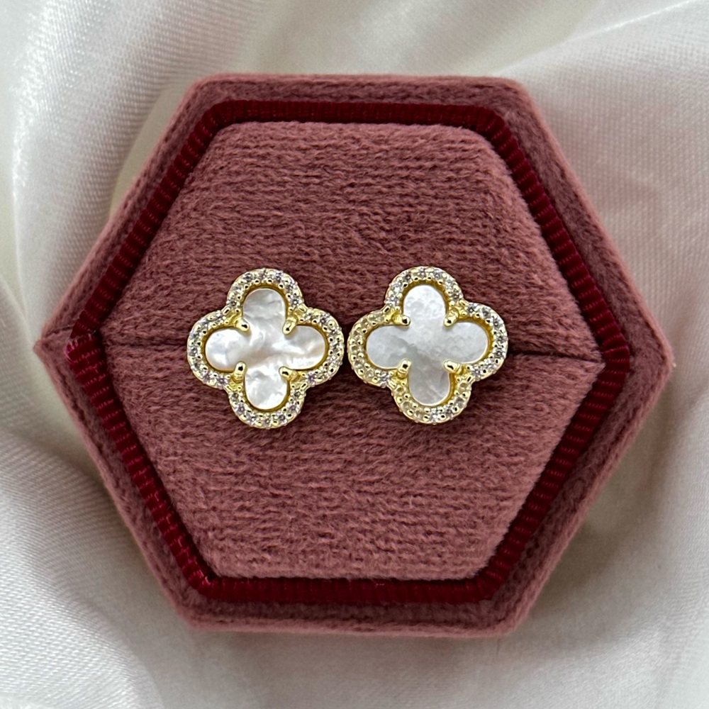 18K Gold Plated Over 925 Sterling Silver Clover Mother of Pearl Stud Earrings